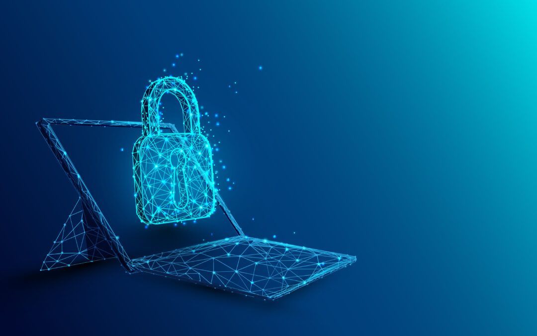 Laptop with padlock and security concept from lines, triangles and particle style design. Illustration vector